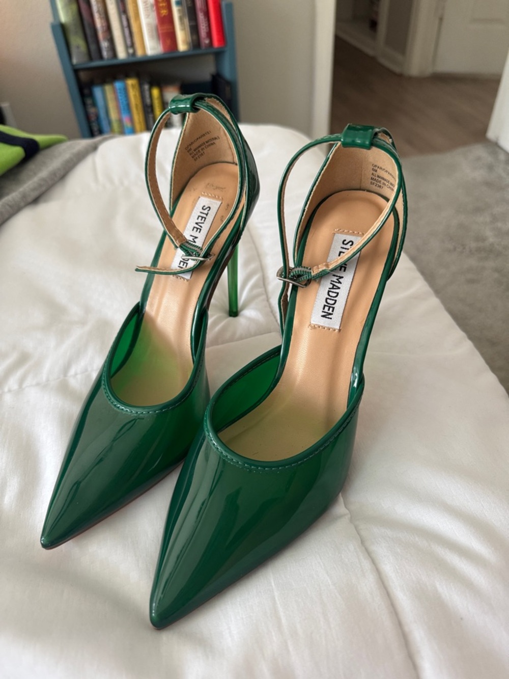 Steve Madden Opar Translucent Green Pointed Toe Ankle-Strap Stiletto Pumps